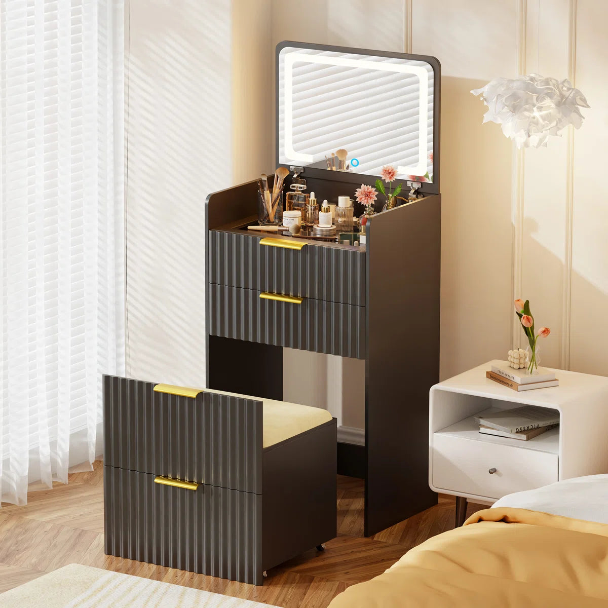 Space-Saving Vanity Desk with Flip-Up LED Mirror, Glass Drawer Storage, and Hidden Stool