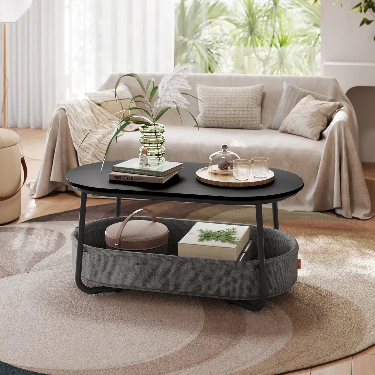 Neili Floor Shelf 39.4" W Coffee Table with Storage Fabric Basket OUCH CART