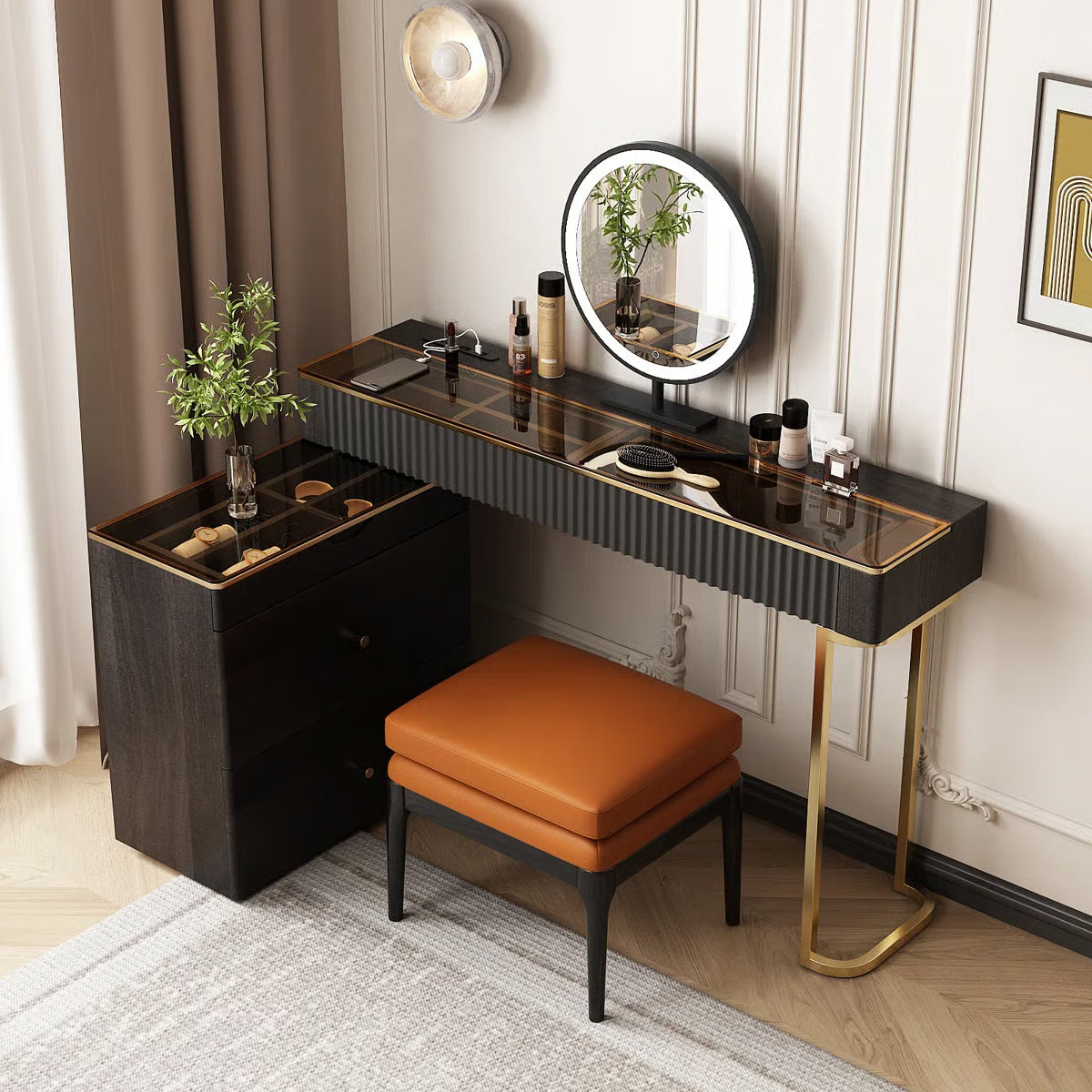 Andraz Modern Corner Makeup Vanity Desk with Glass Top and Integrated Power- OUCH CART | Dressing table