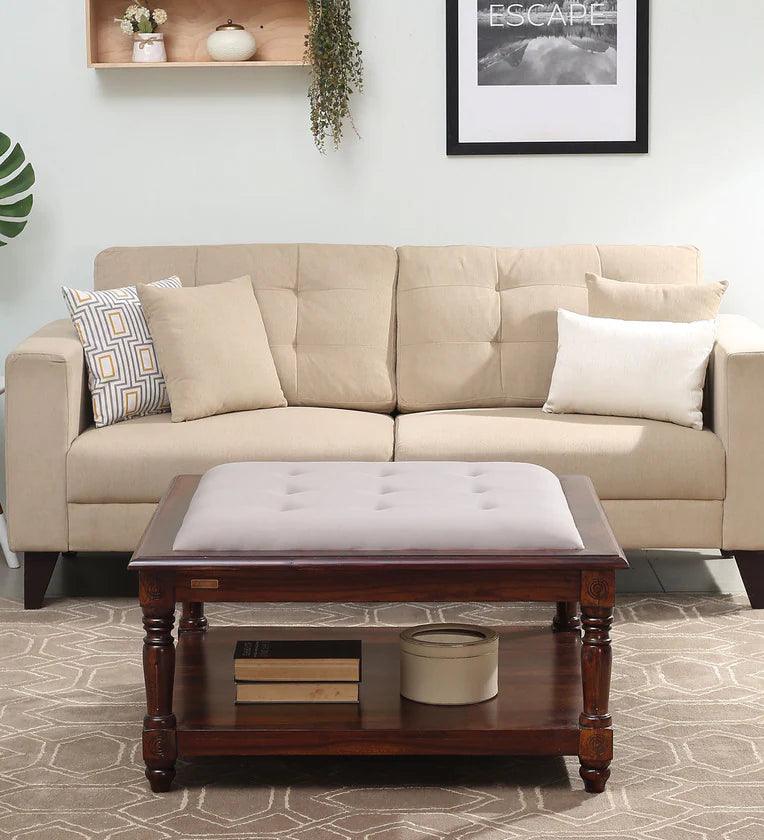 Sheesham Wood Coffee Table In Provincial Teak With Upholstered Top - Ouch Cart