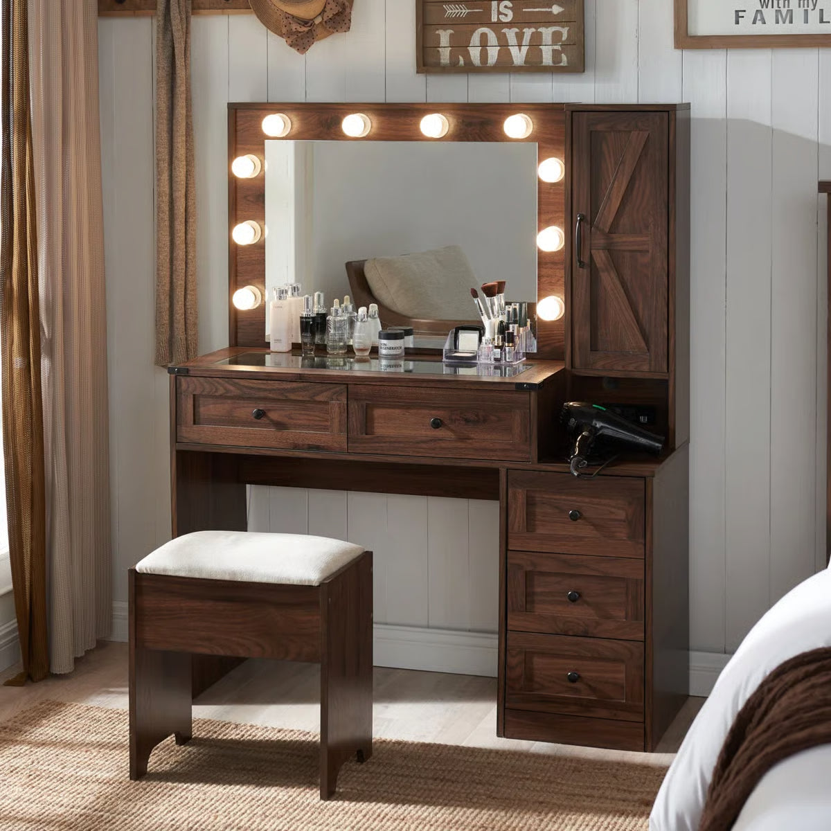 Farmhouse Vanity Makeup Desk – 43" Wide Desk with LED Mirror, Drawers, Stool & Charging