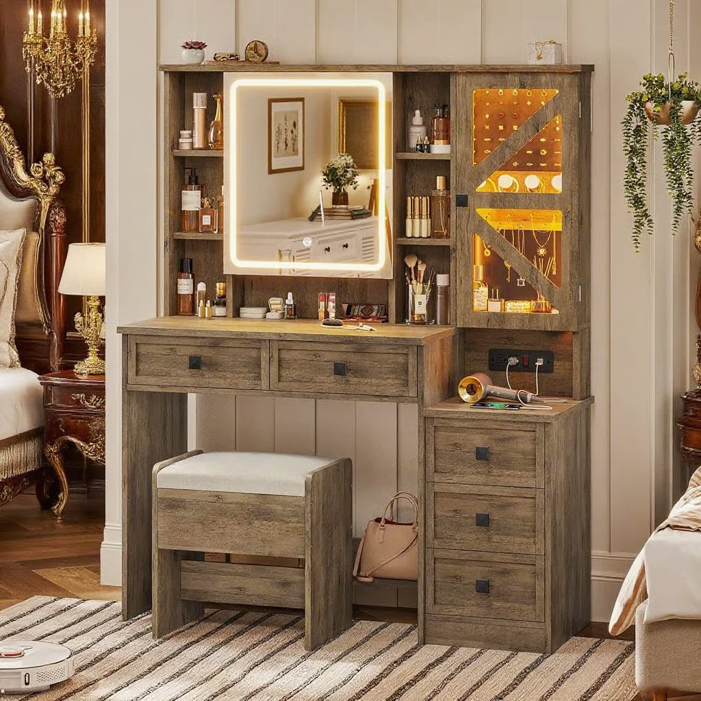 Rustic Farmhouse Makeup Vanity Set – Vintage White Table with Stool-OUCH CART |Dressing table