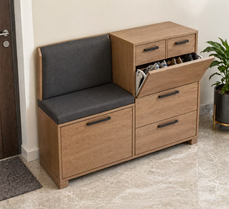 Modern Wooden Shoe Storage Cabinet with Cushioned Bench Seat | Entryway Shoe Organizer with Soft-Close Drawers & Matte Black Handles