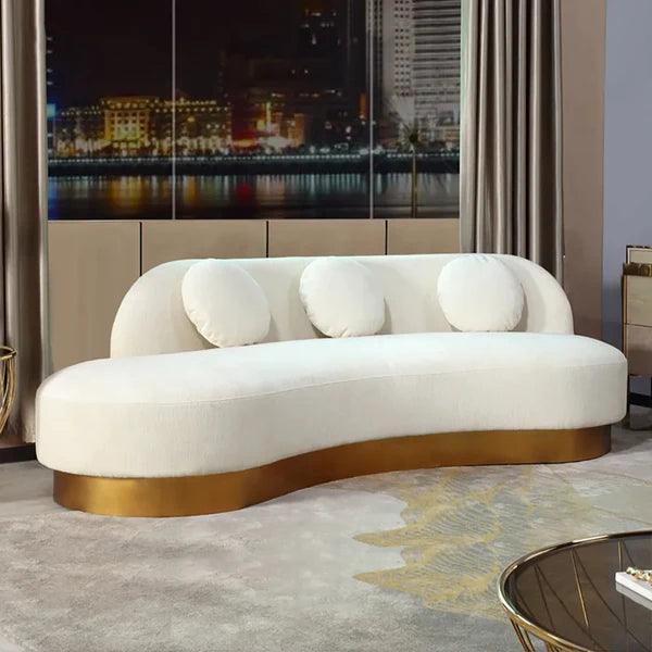 Maricel Gold Velvet Curved Sofa for 3 Seaters with Pillows & Stainless Steel Base - Ouch Cart