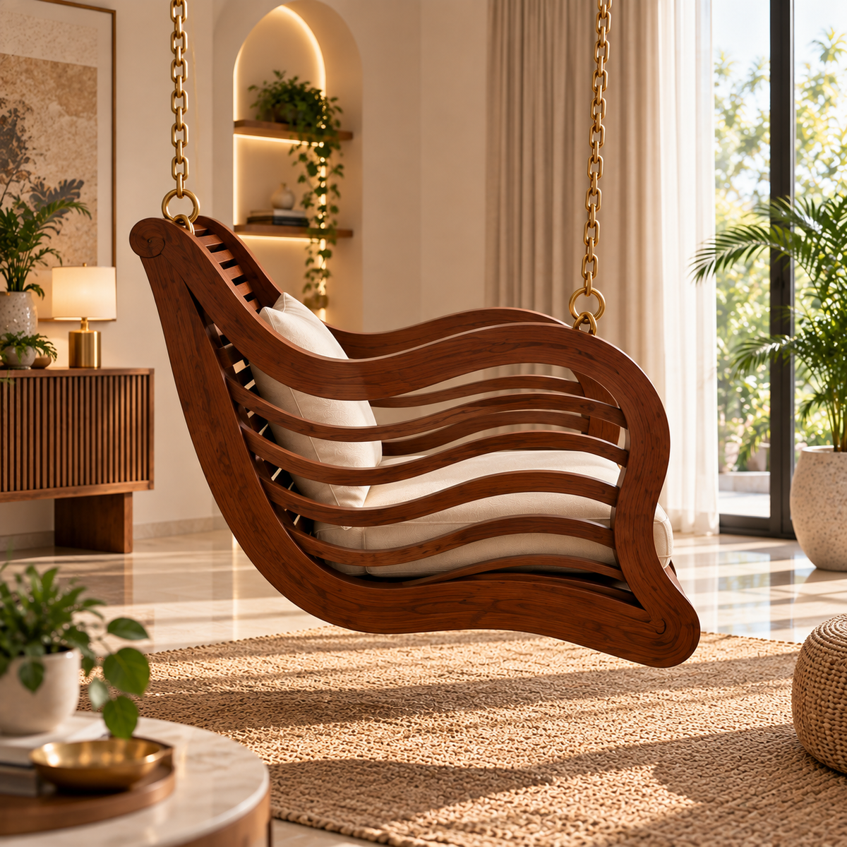 Premium Solid Wood Hanging Swing Chair with Cushion | Luxury Wooden Jhula for Living Room, Balcony & Indoor Spaces OUCH CART