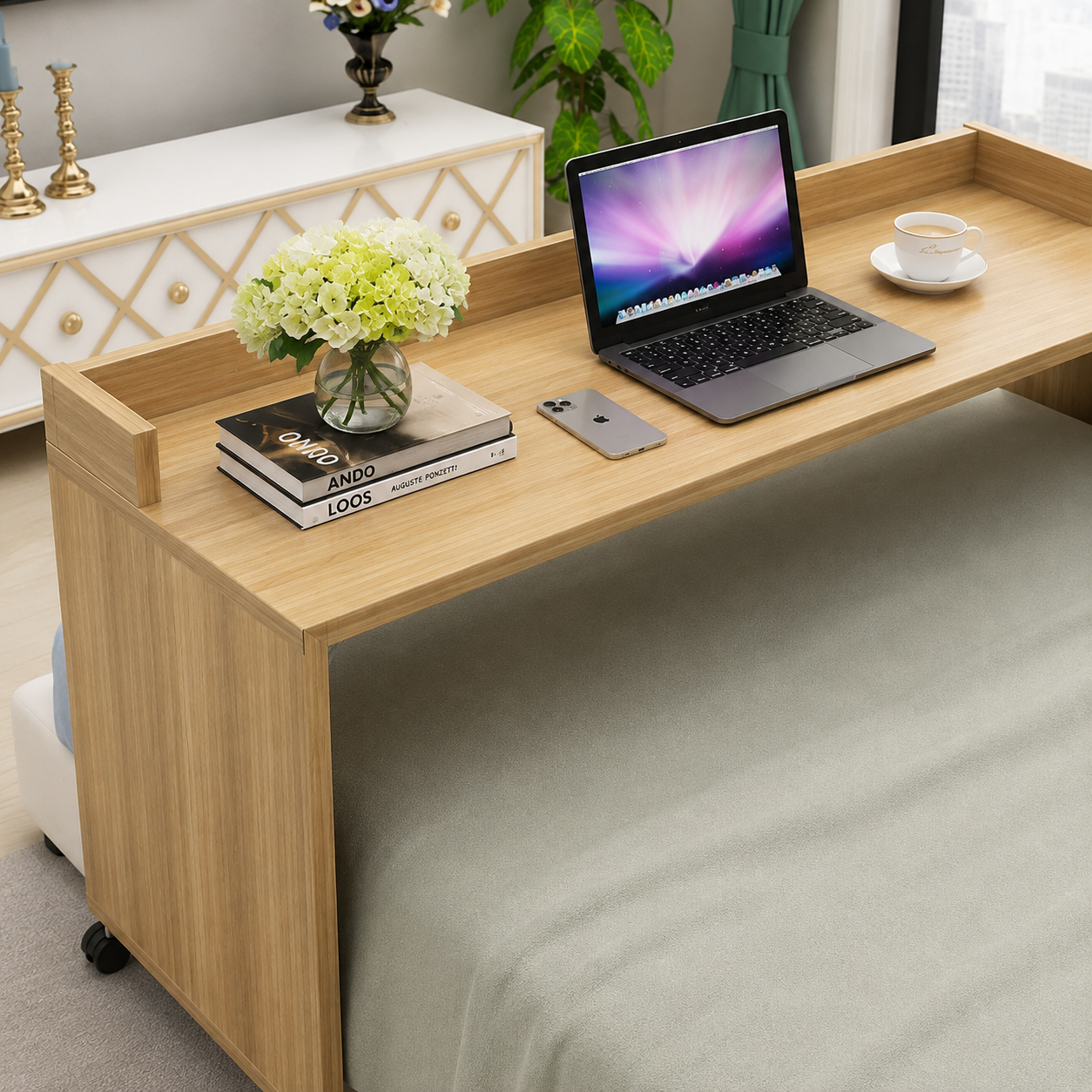 Wooden Overbed Rolling Table for Laptop & Workstation