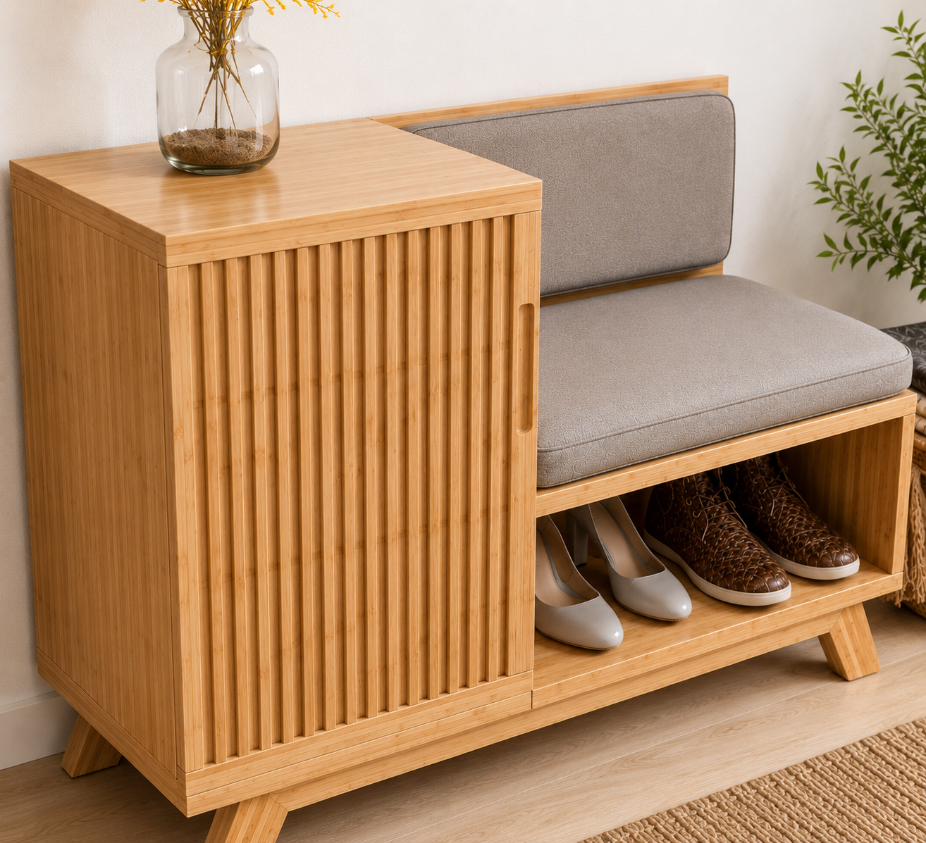 Modern Bamboo Shoe Storage Bench with Sliding Door | Entryway Shoe Organizer Cabinet with Cushioned Seat