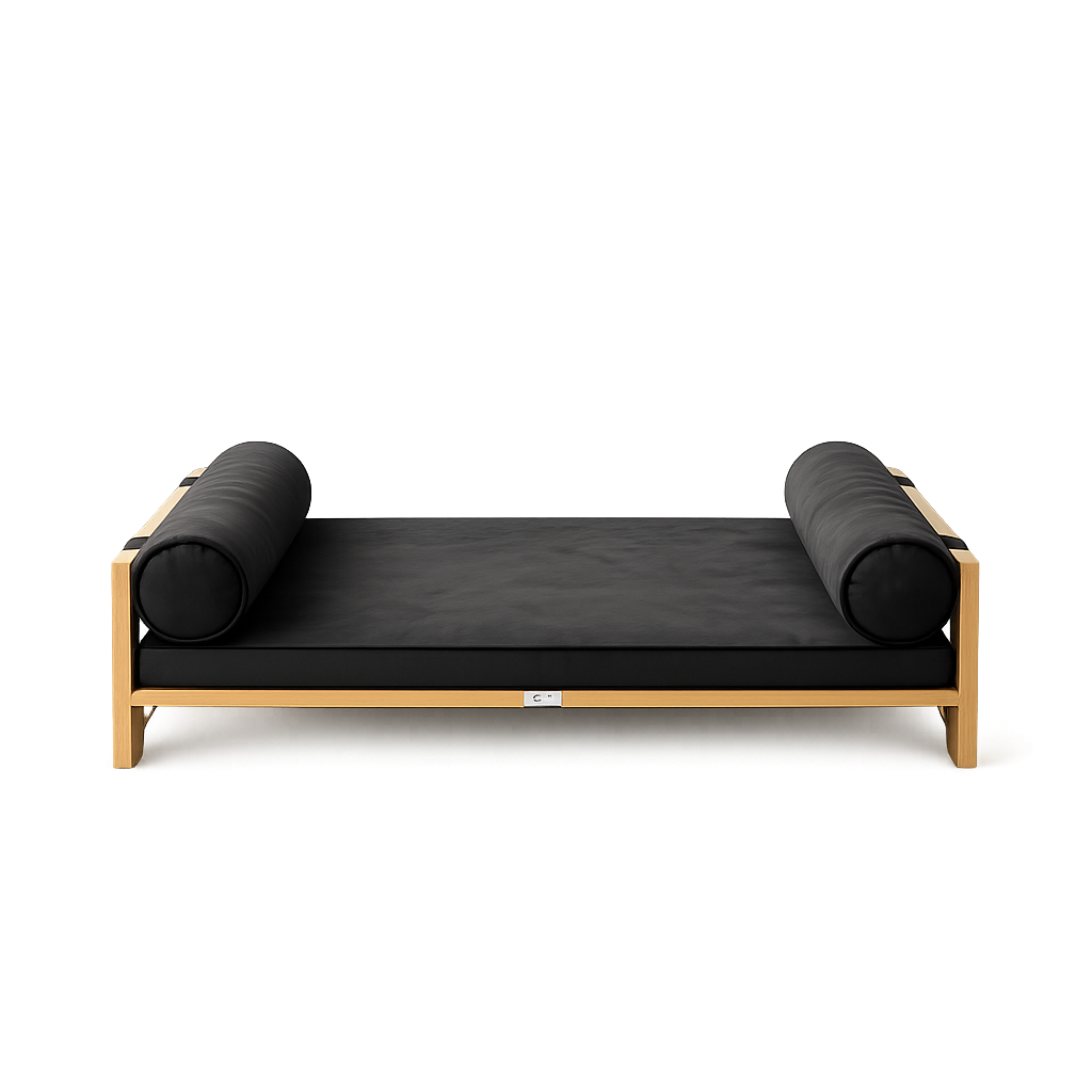 Modern Wooden Dog Bed with Plush Cushion & Bolster Pillows