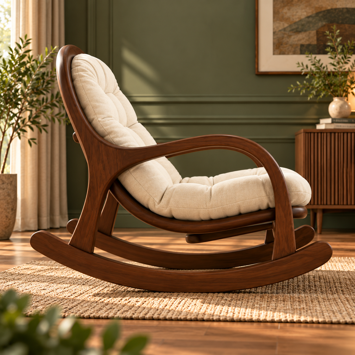 Luxury Wooden Rocking Chair with Cream Tufted Cushion, Walnut Finish Frame, Modern Upholstered Rocker for Living Room