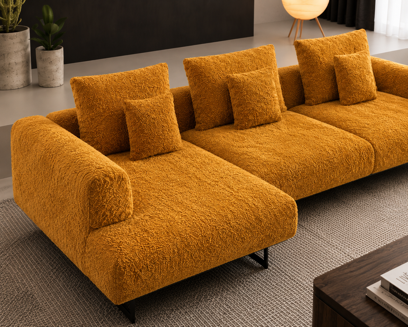 Modern Mustard Bouclé Sectional Sofa | Luxury Modular Fabric Sofa with Metal Legs | Contemporary Living Room Couch OUCH CART