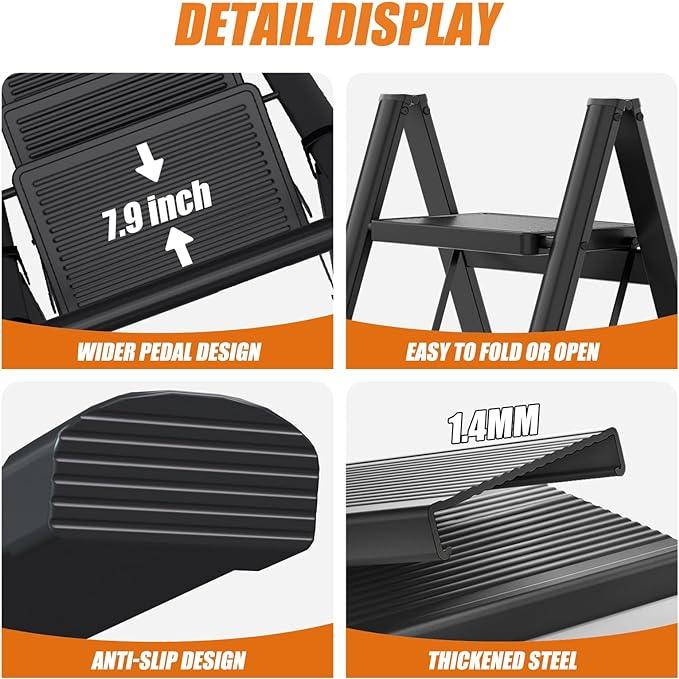 EFFIELER 2 Step Ladder 2 Step Stool Folding Step Stool with Handrails, Sturdy Step Stool for Adult, 500LBS Capacity Sturdy& Portable Ladder for Home Kitchen Library Office - Ouch Cart