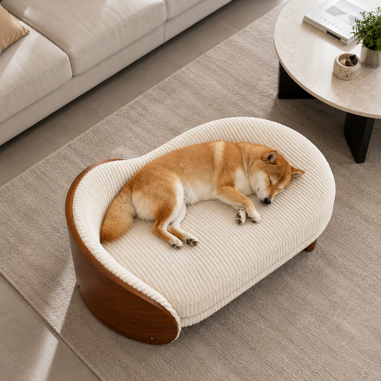 Modern Luxury Wooden Pet Bed for Dogs & Cats | Soft Plush Corduroy Cushion | Stylish Elevated Indoor Pet Sofa Bed | Comfortable Sleeping Bed for Small & Medium Pets