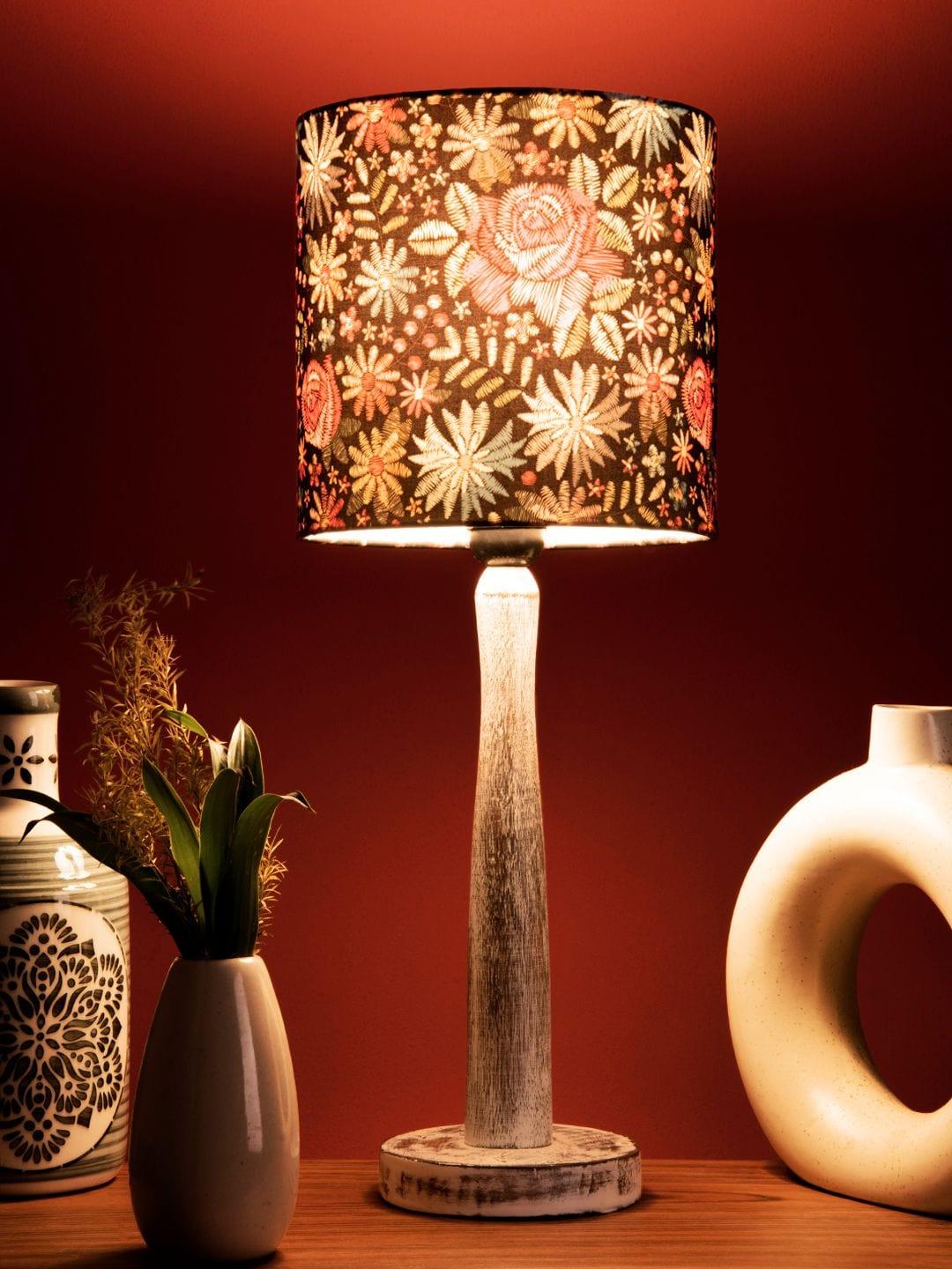 Distress White Wooden Lamp with Black Floral Stitch Shade - Ouch Cart