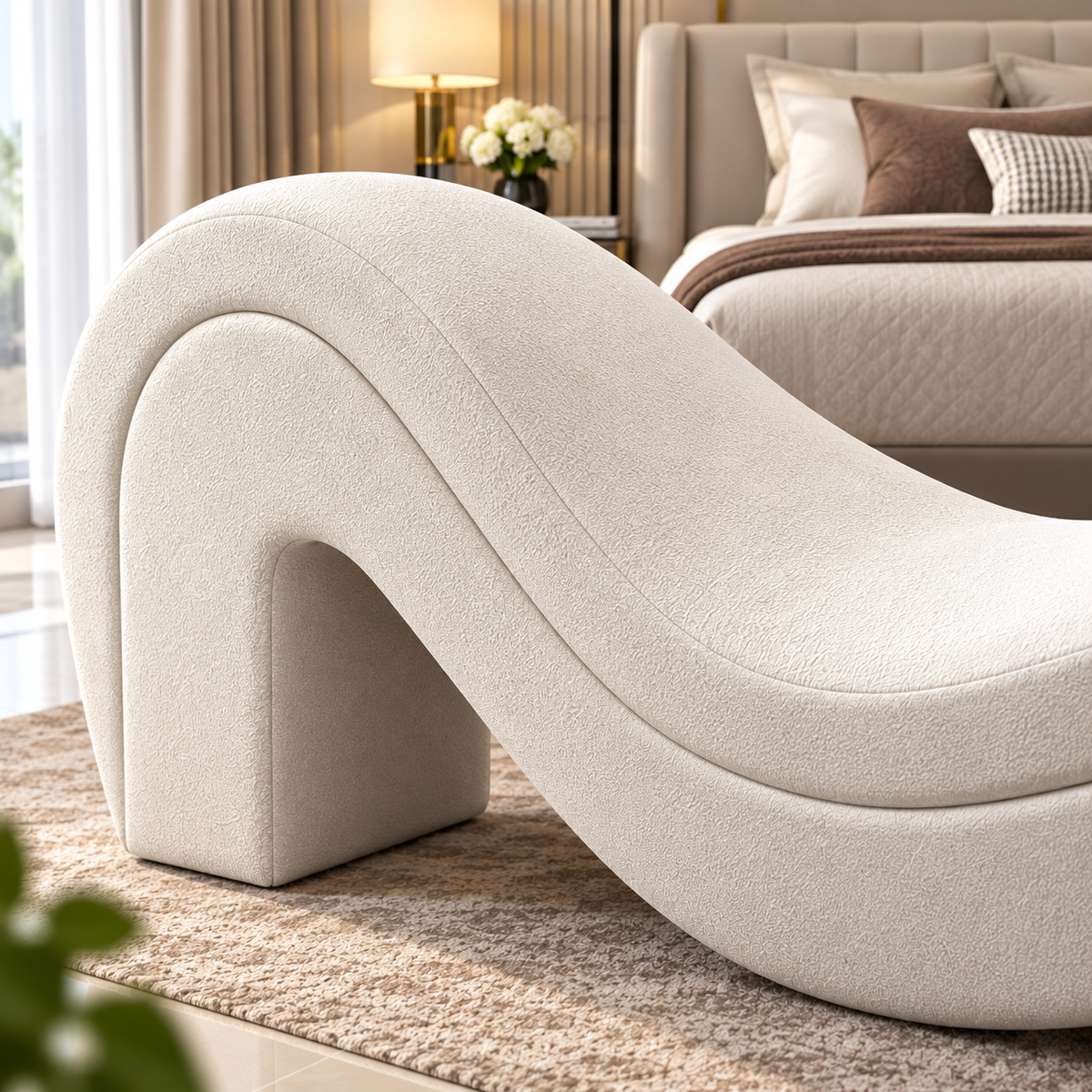 Luxury S-Shaped Chaise Lounge | Modern Cream Bouclé Daybed for Bedroom & Living Room OUCH CART