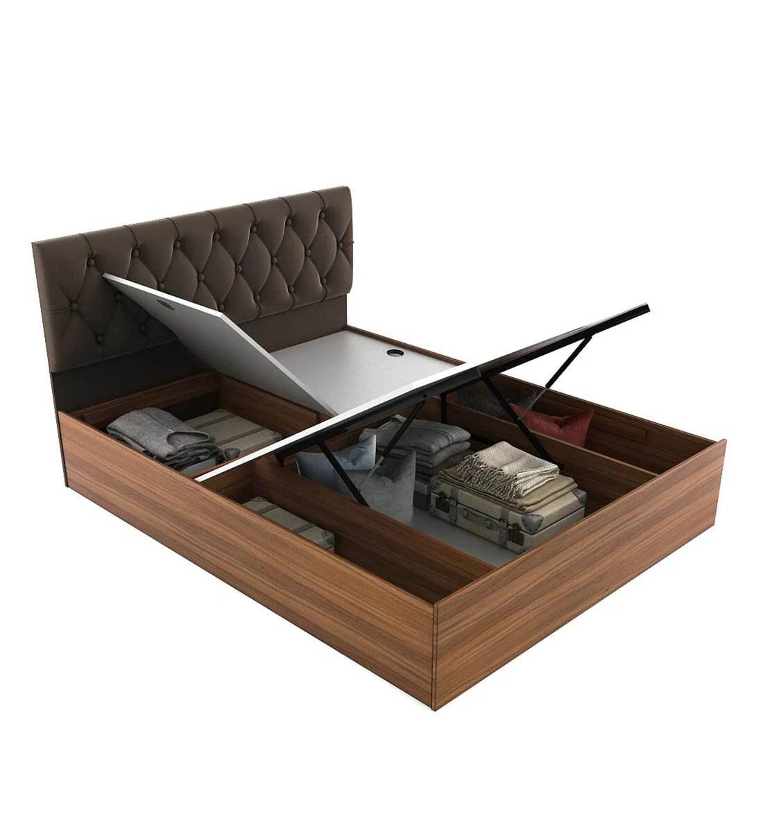 King Size Bed in Exotic Teak Finish with Hydraulic Storage - Ouch Cart