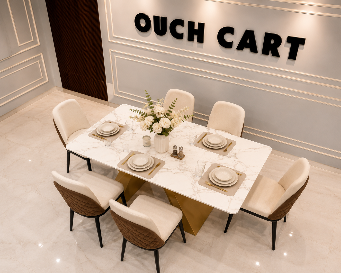 Modern 6 Seater Marble Dining Table Set with Gold Metal Base & Upholstered Chairs | Luxury Dining Room Furniture