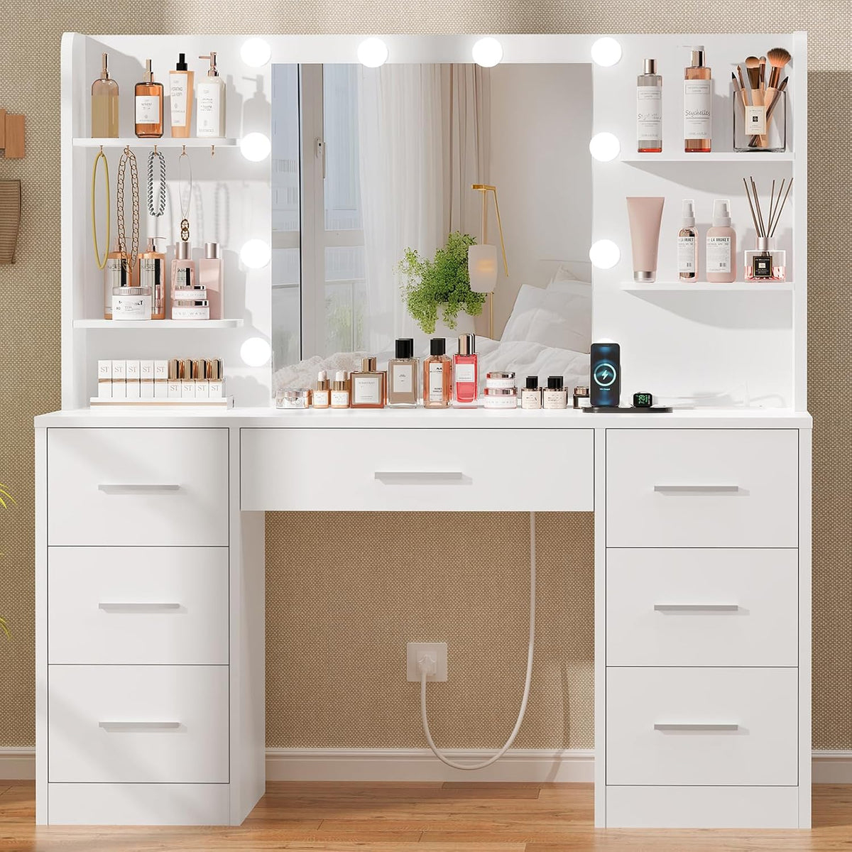 Large Vanity Desk with LED Lighted Mirror & Power Outlet,Makeup Vanity Table with 7 Drawers,4 Shelves and 5 Hooks,Vanity Table, Vanity Desk Set for Bedroom,Bathroom,White OUCH CART