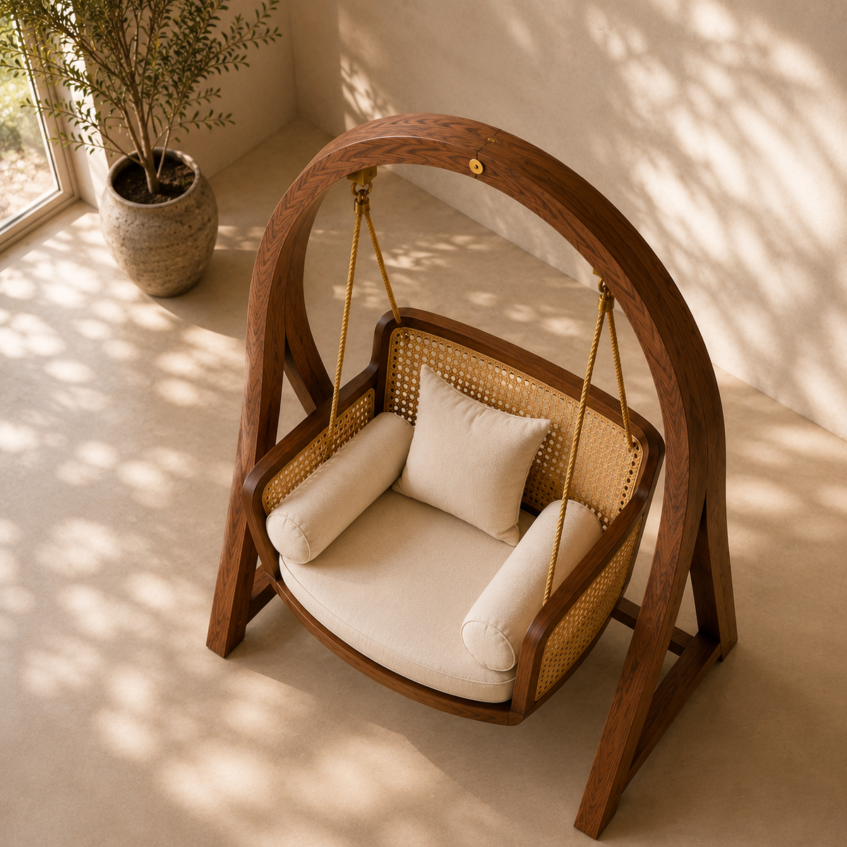 Wooden Hanging Swing Chair with Cushions – Stylish Indoor & Outdoor Lounge Swing OUCH CART