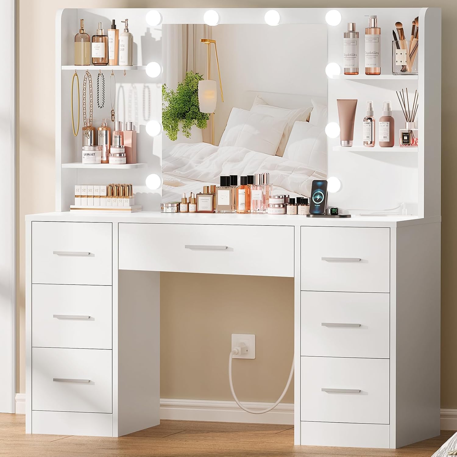Large Vanity Desk with LED Lighted Mirror & Power Outlet,Makeup Vanity Table - OUCHCART