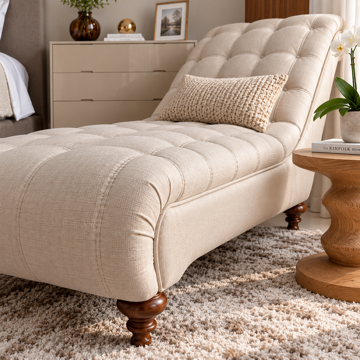 Luxury Tufted Chaise Lounge | Cream Upholstered Bedroom Relaxation Sofa with Button Detailing OUCH CART