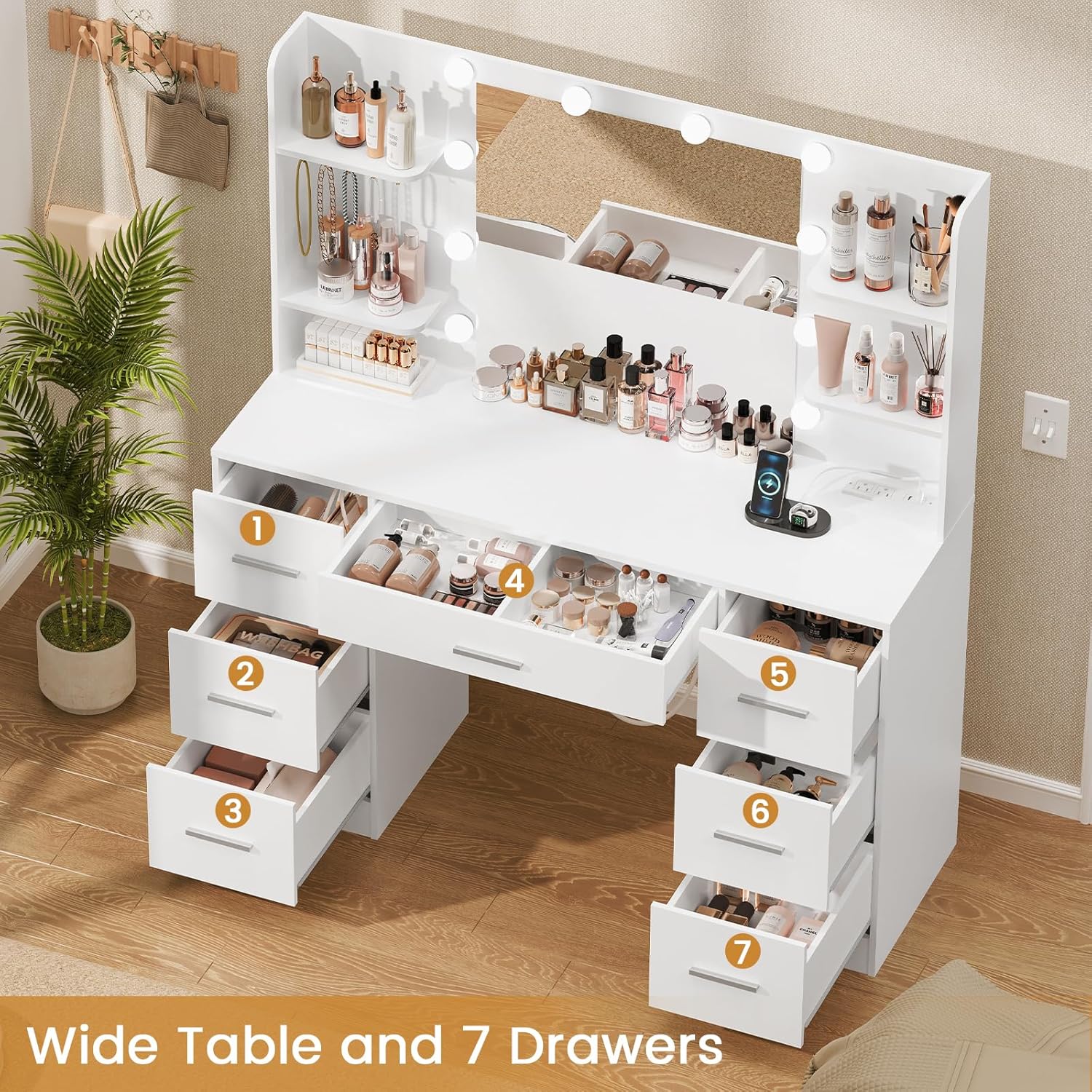 Large Vanity Desk with LED Lighted Mirror & Power Outlet,Makeup Vanity Table - OUCHCART /Dressing Table