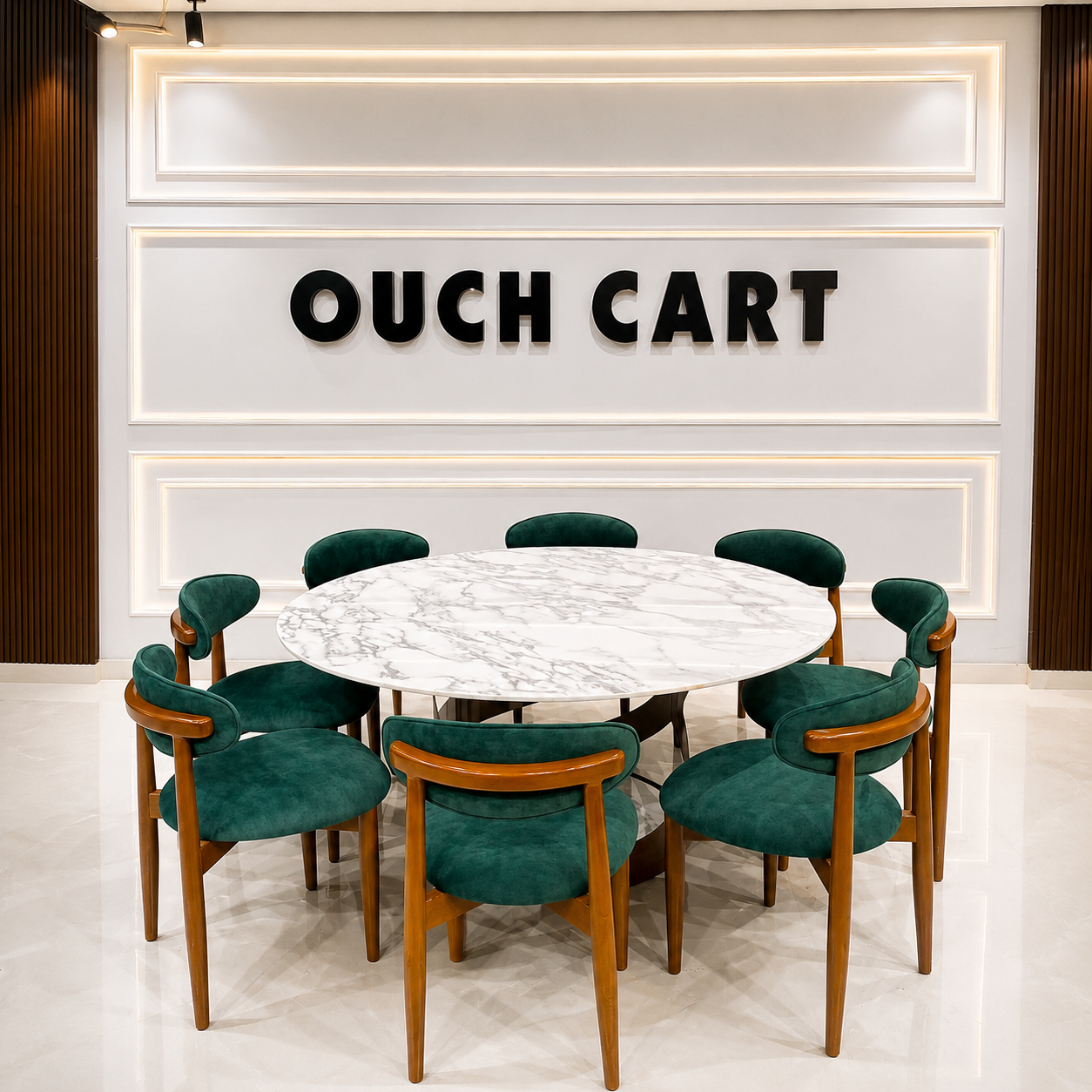 Modern 8 Seater Marble Dining Table Set with Green Velvet Chairs