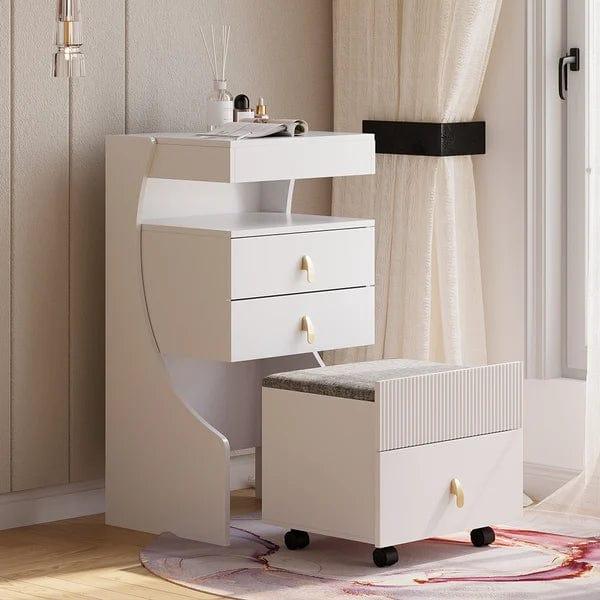 Constanza White Makeup Vanity Set Mini Dressing Table with Stool & Miroor, Wooden Vanity Table Set, Makeup Dressing Table with Mirror, 3 Drawers and Stool for Bedroom, White - Ouch Cart