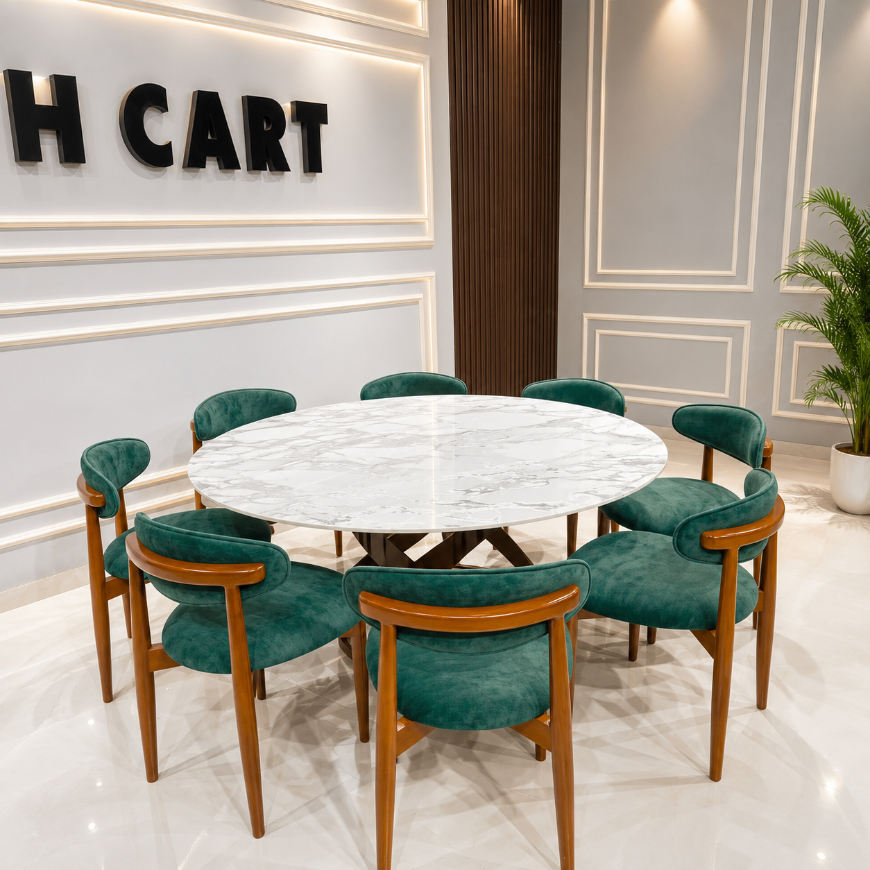 Modern 8 Seater Marble Dining Table Set with Green Velvet Chairs