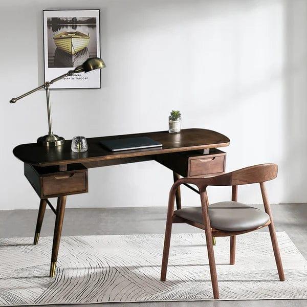 Joel Mid-Century Modern Walnut Office Desk Wooden Writing Desk with 2 Drawers in Gold - Ouch Cart