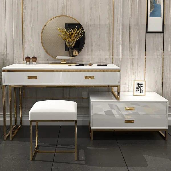 Jose White Makeup Vanity Expandable Dressing Table with Cabinet Mirror & Stool Included Vanity Desk with Mirror and Stool, Makeup Vanity Desk Dressing Table with 4 Drawers, Storage, Side Chest, Girls Vanity Table Set with Cushioned Stool for Bedroom - Ouch Cart
