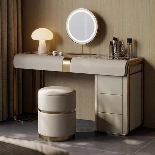 Leonie Modern Gray Makeup Vanity Set with Side Cabinet Dressing Table with Mirror & Stool, Makeup Vanity Desk with Mirror and Bedroom Dressing Table Set with 5 Drawers for Women/Girls - Ouch Cart