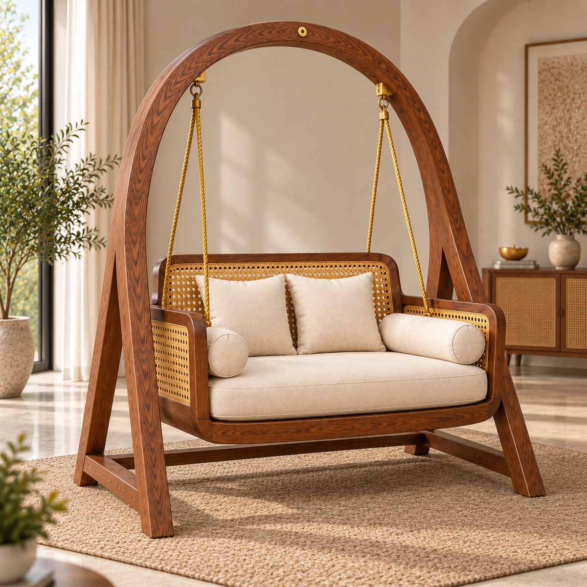 Solid Wood Wooden Swing Chair with Cane Backrest & Cream Cushions OUCH CART