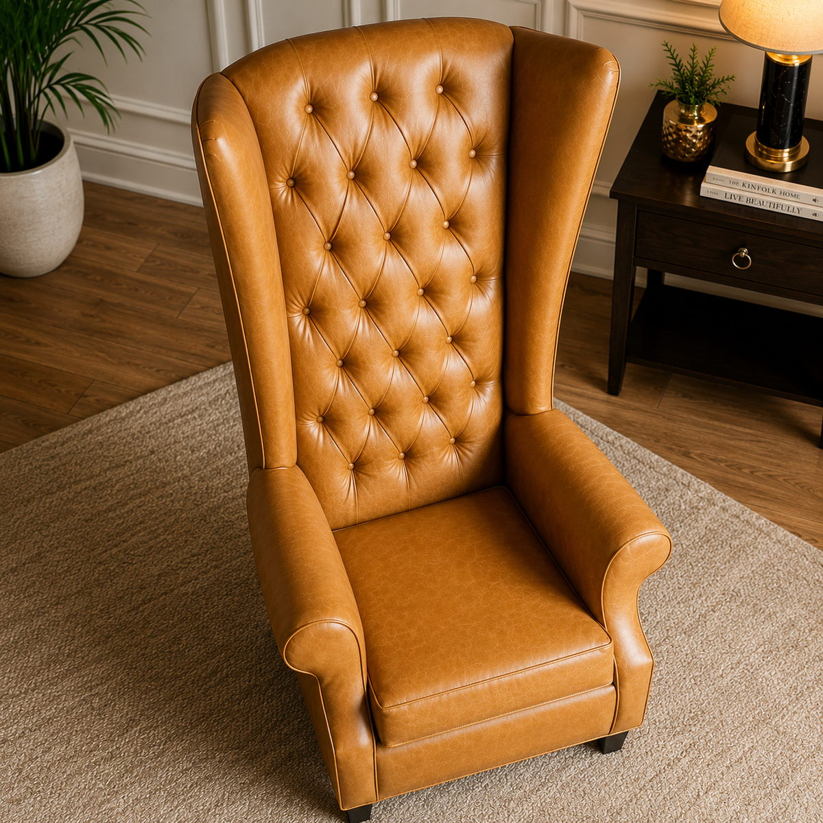 ufted High Back Accent Chair with Rolled Arms | Tan Leather Upholstered Reading Chair OUCH CART