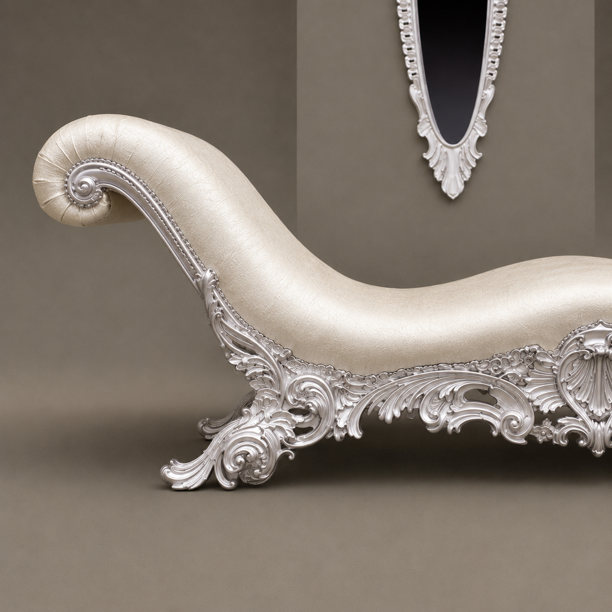 Luxury Ivory Chaise Lounge | Royal Rococo French Style Daybed with Ornate Carved Frame | Elegant Bedroom & Living Room Lounger Ouch Cart
