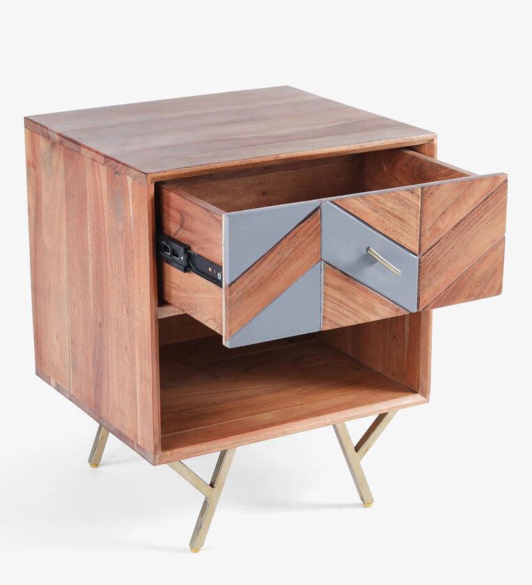 Solid Wood Bedside Table in Natural Finish with Drawer - Ouch Cart