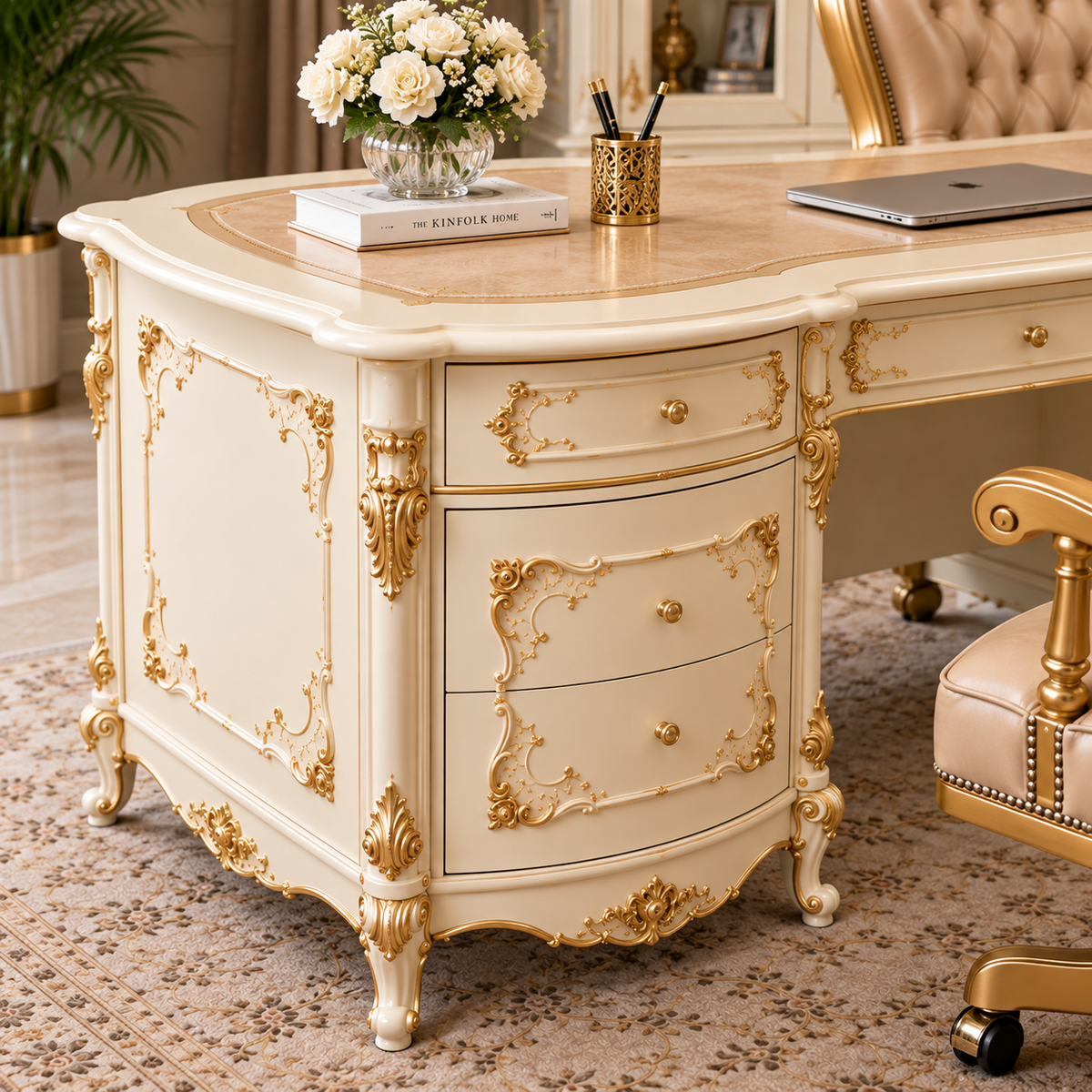 Luxury French Rococo Executive Office Desk | Ivory & Gold Carved Wooden Writing Table