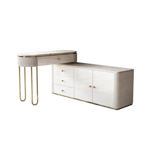 Javiera Modern Marble Top Makeup Vanity Dressing Table with Corner Cabinet, Modern Vanity Desk, Makeup Vanity with LED Mirror and 4 Spacious Drawers, Makeup Desk with Cabinet, Dressing Table with Silent Drawer Slides - Ouch Cart