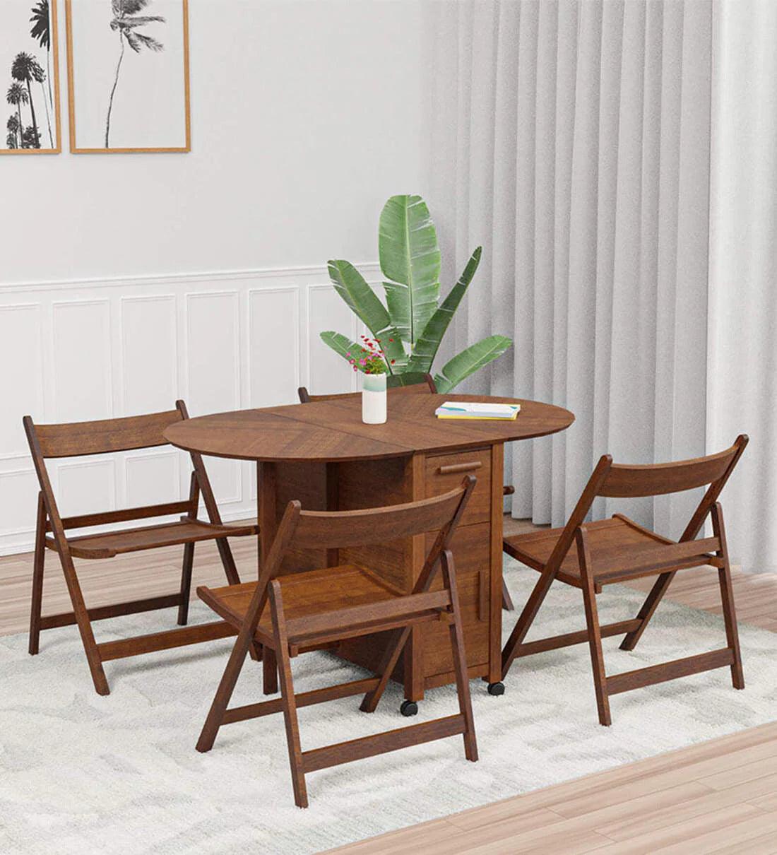 Carven Foaldable 4 Seater Dining Set In Walnut Finish - Ouch Cart
