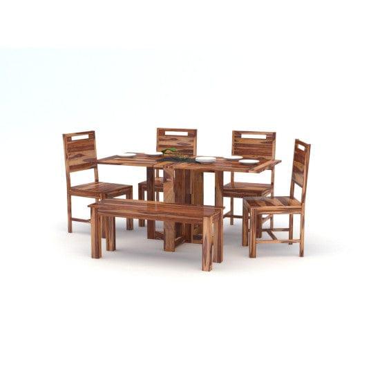 Angel's Solid Sheesham Wood Six Seater Dining Set with Folding Table and Bench (Six Seater, Honey Finish) - Ouch Cart