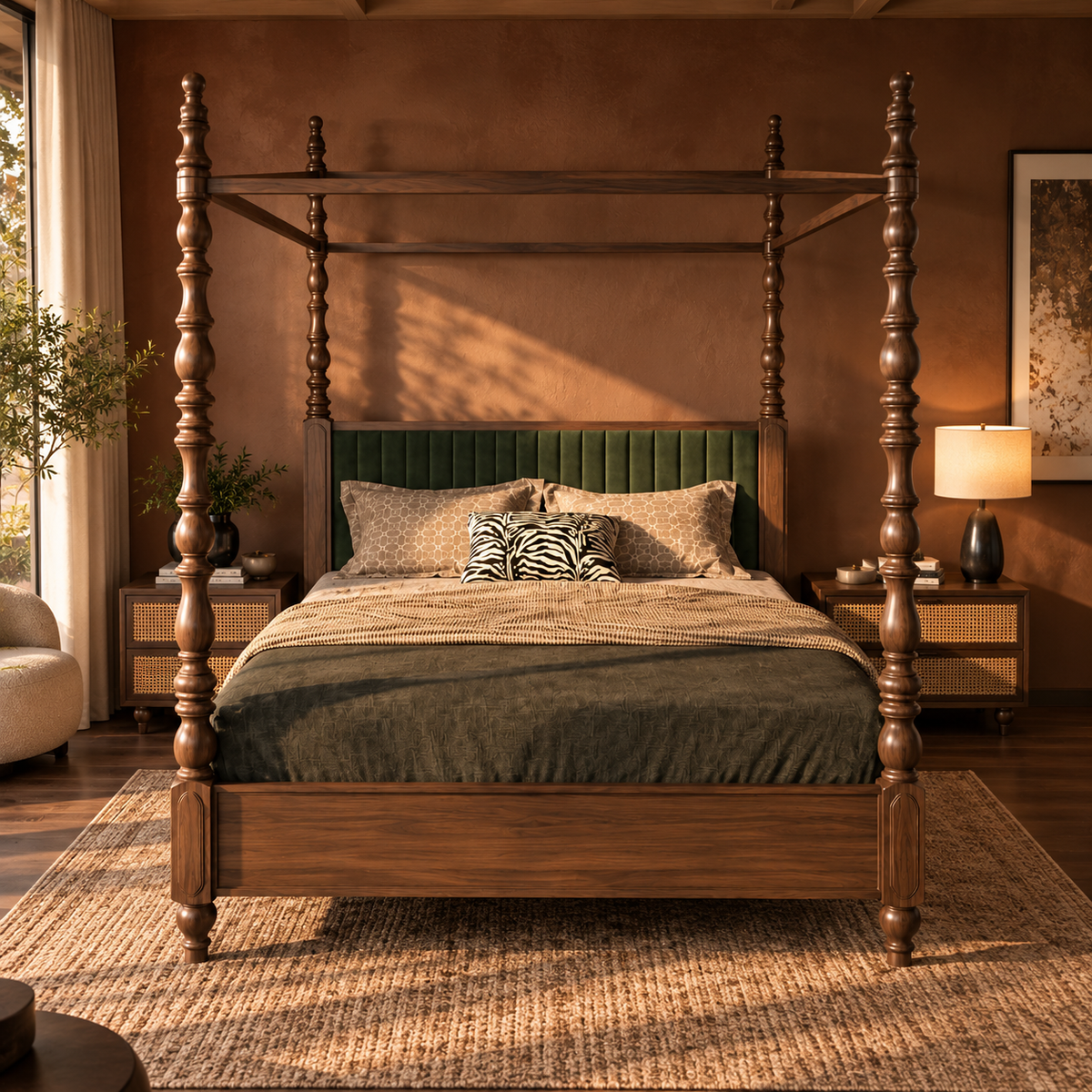 Luxury Wooden Four Poster Bed with Green Upholstered Headboard, Walnut Finish, Elegant Canopy Bed for Bedroom