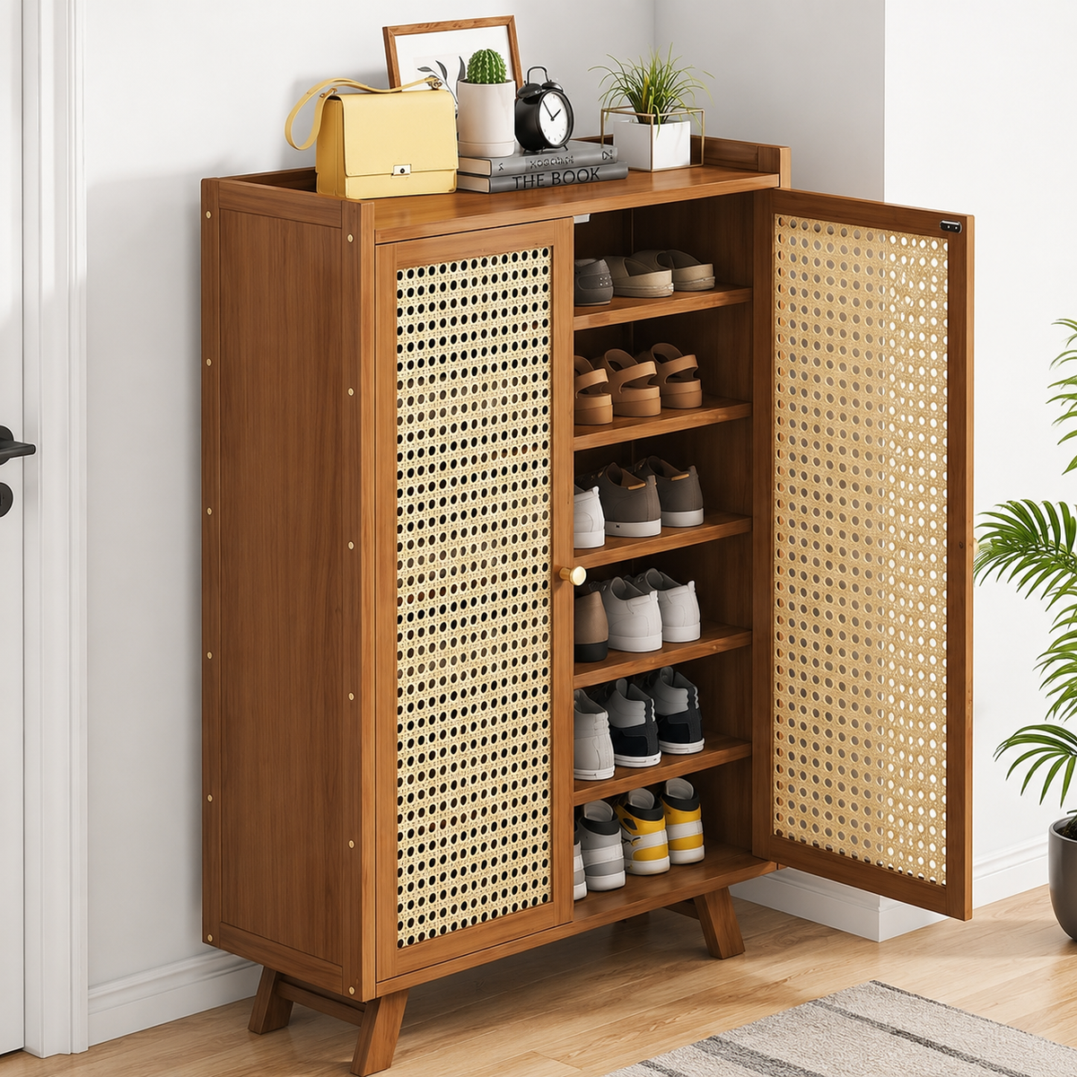 Modern Solid Wood Shoe Cabinet with Angled Legs | Mid-Century Wooden Shoe Storage Organizer | Scandinavian Entryway Shoe Rack OUCH CART