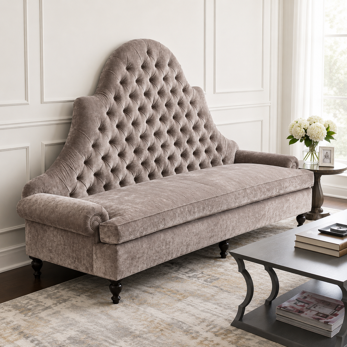 Tufted High Back 2 Seater Sofa with Rolled Arms & Wooden Legs | Elegant Living Room Couch OUCH CART
