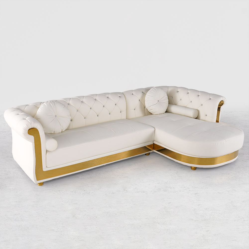 Luxury White L-Shaped Chesterfield Leather Sofa Set with Gold Accents OUCH CART