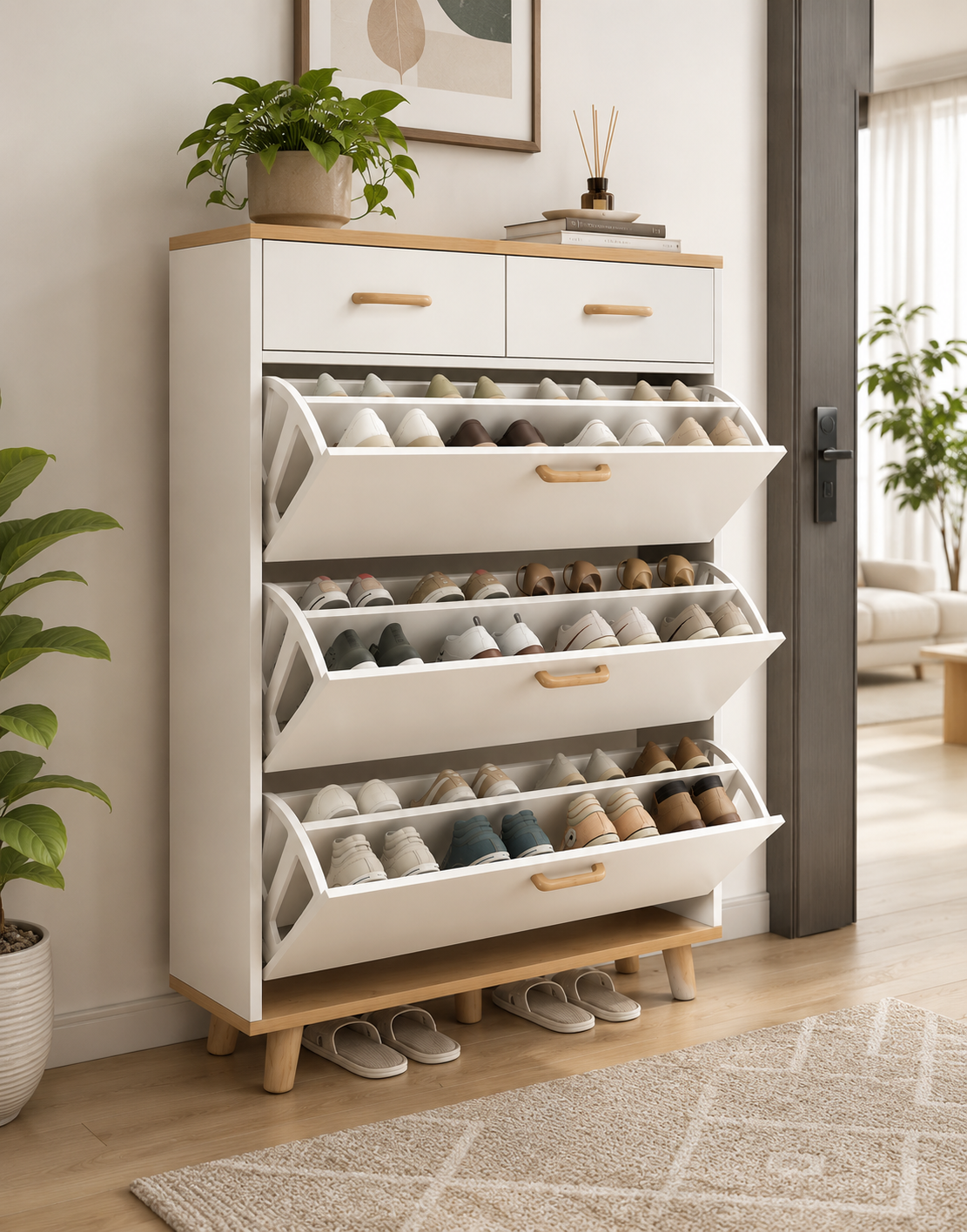 Modern Wooden Shoe Cabinet with Flip Drawers | Space-Saving Entryway Shoe Storage Organizer | Ouch Cart