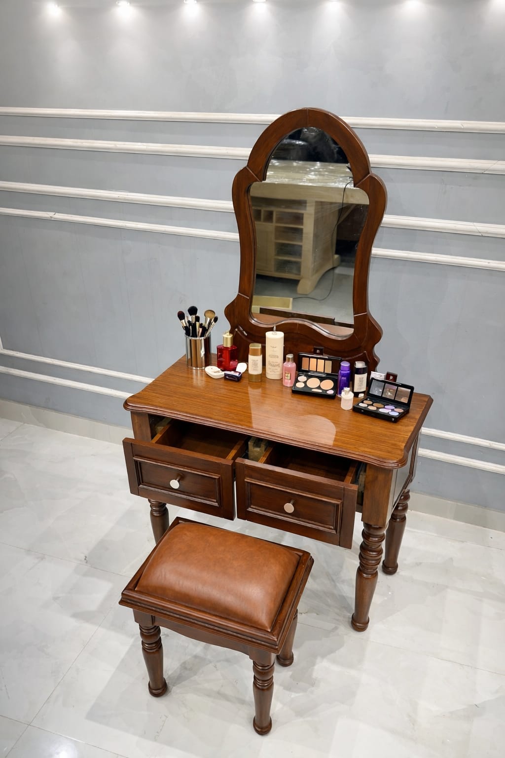 Vintage Mahogany Makeup Vanity Set with Petal Mirror & Stool OUCH CART