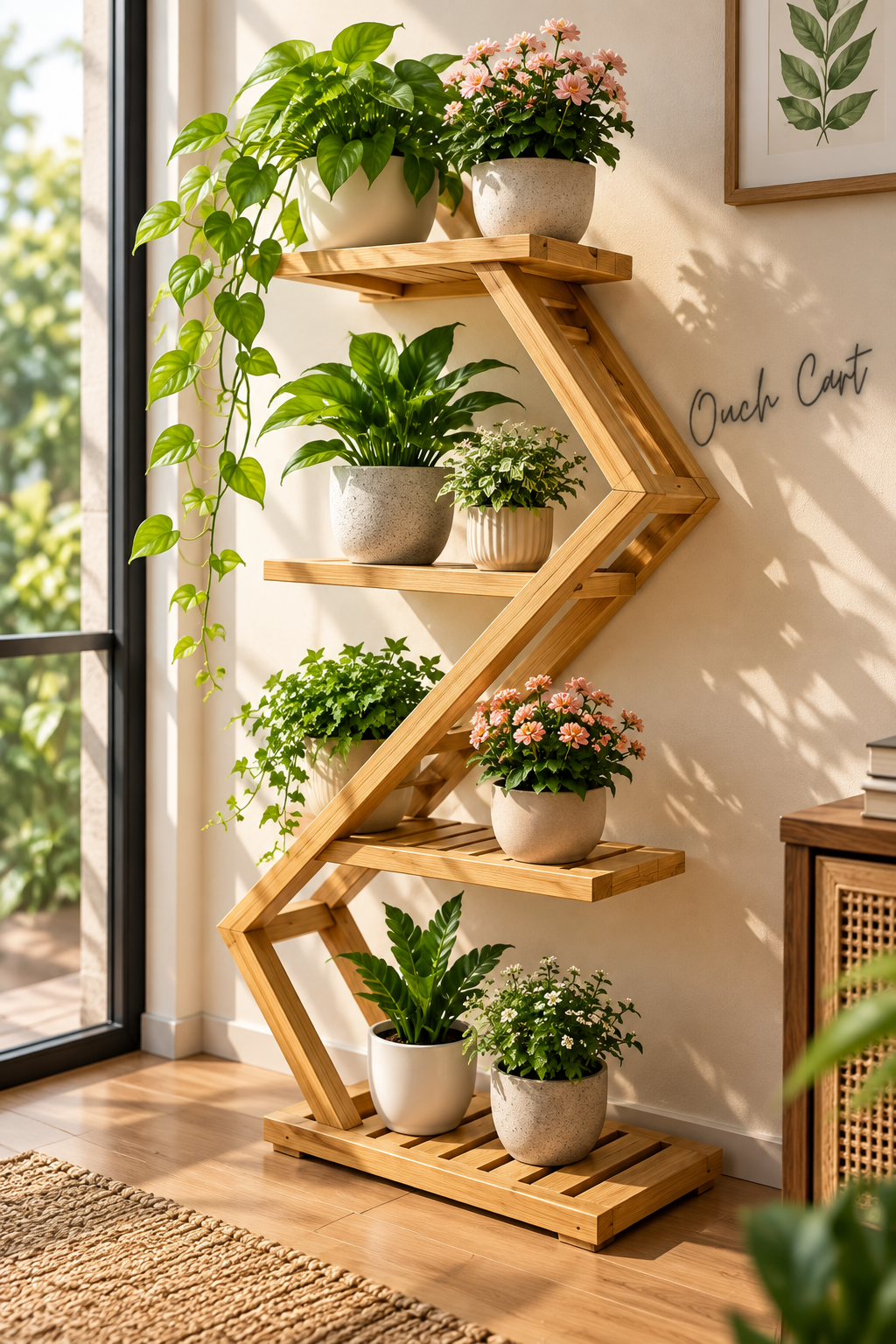 Z-Shaped Wooden Plant Stand for Indoor Plants | Multi-Tier Plant Shelf & Holder for Living Room, Balcony & Home Decor OUCH CART