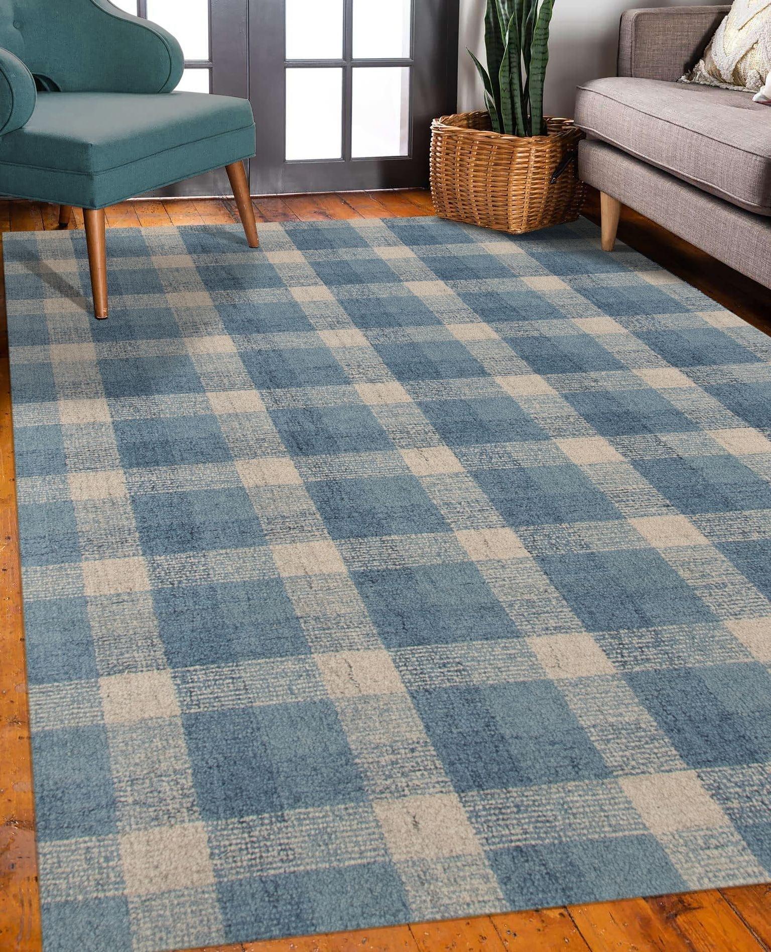 Blue Wool Tartan 8X10 Feet Hand-Tufted Carpet - Rug - Ouch Cart
