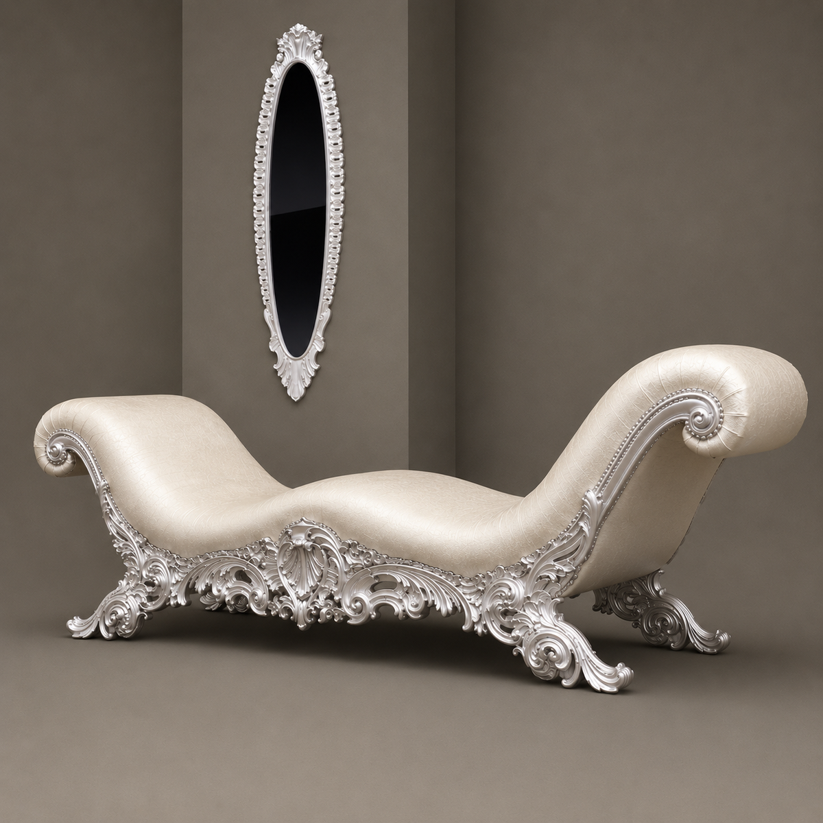 Luxury Ivory Chaise Lounge | Royal Rococo French Style Daybed with Ornate Carved Frame | Elegant Bedroom & Living Room Lounger