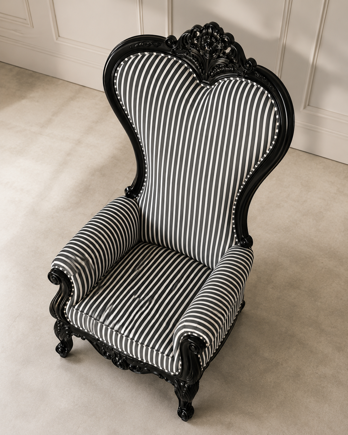Baroque Carved Wooden Armchair with Black & White Striped Upholstery | High Back Accent Chair OUCH CART