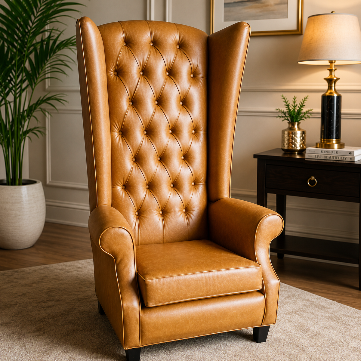 ufted High Back Accent Chair with Rolled Arms | Tan Leather Upholstered Reading Chair OUCH CART